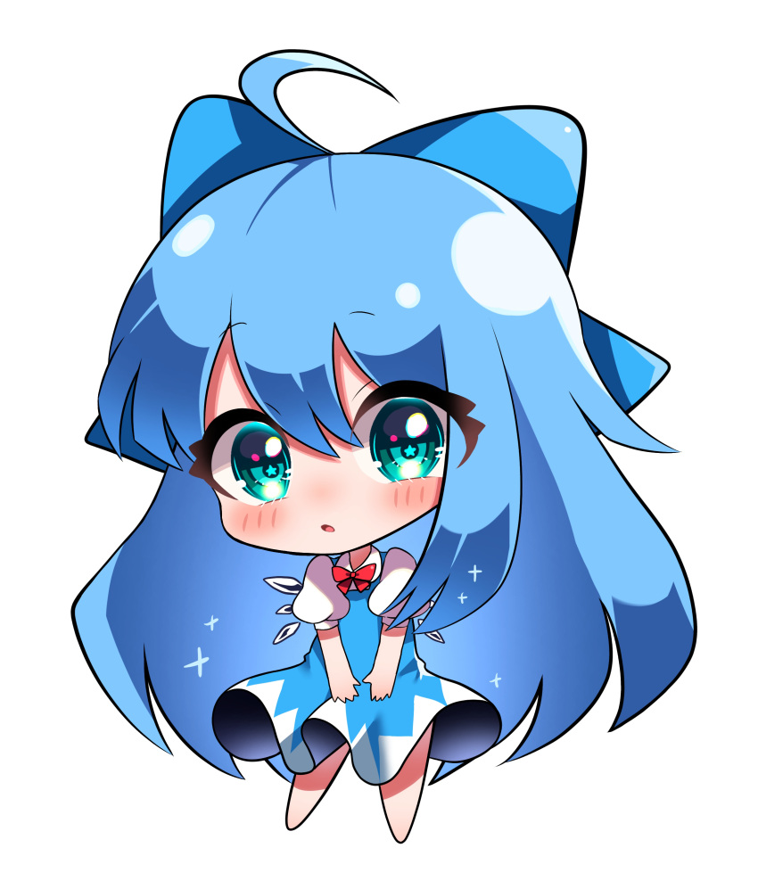 1girl 380u0 absurdres ahoge alternate_hair_length alternate_hairstyle aqua_eyes bangs blue_bow blue_dress blue_eyes blue_hair bow chibi cirno dress full_body hair_bow highres long_hair looking_at_viewer open_mouth simple_background solo star-shaped_pupils star_(symbol) symbol-shaped_pupils touhou white_background