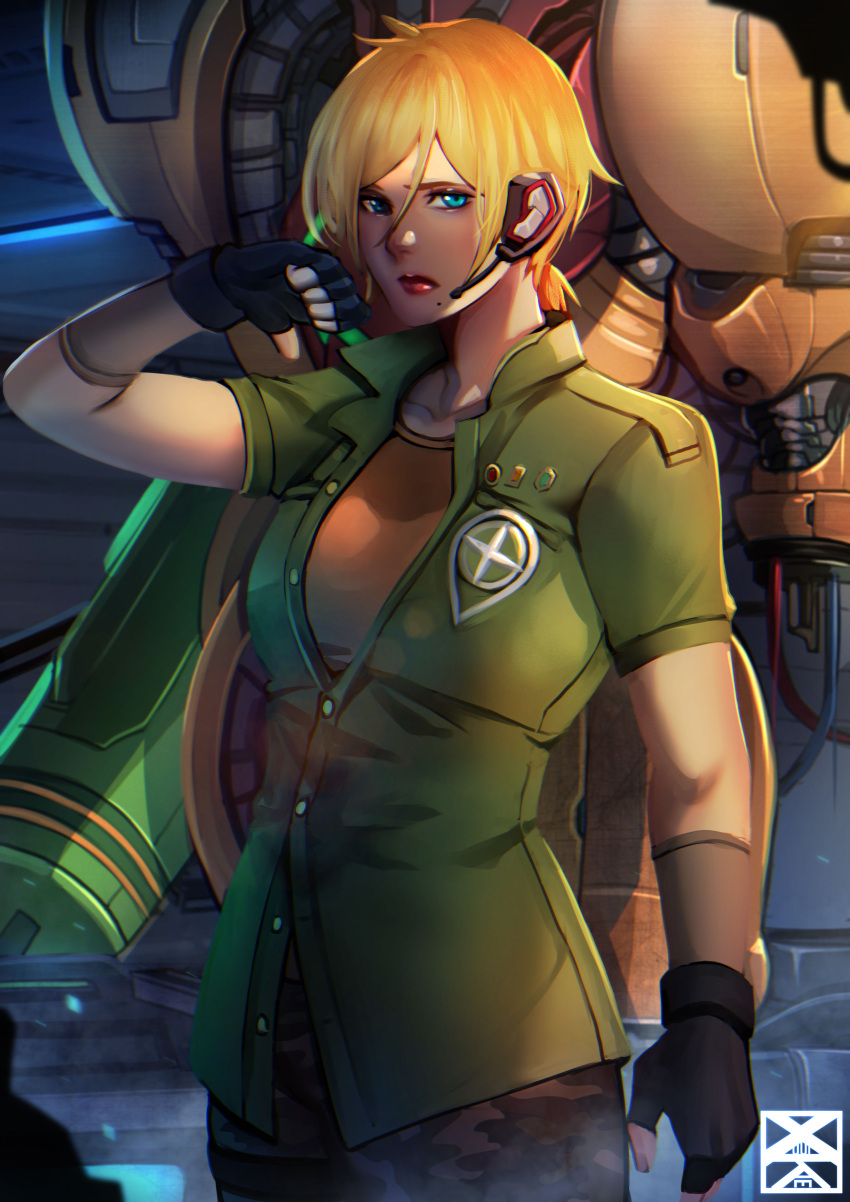 1girl absurdres alternate_hairstyle black_gloves blonde_hair blue_eyes camouflage camouflage_pants fingerless_gloves gloves green_shirt headset highres low_ponytail makeup mascara metroid military military_uniform mole mole_under_mouth official_alternate_costume pants power_armor samus_aran shirt short_hair short_ponytail solo standing uniform varia_suit xuuikie_ashe younger