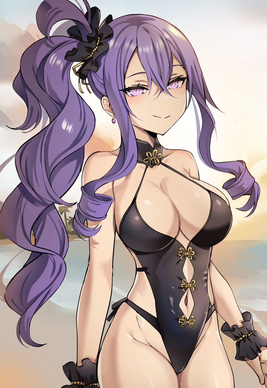 1girl beach black_swimsuit breasts earrings fate/grand_order fate_(series) highres jewelry large_breasts long_hair mahou_io navel one-piece_swimsuit purple_eyes purple_hair side_ponytail smile swimsuit wu_zetian_(fate) wu_zetian_(swimsuit_caster)_(fate)