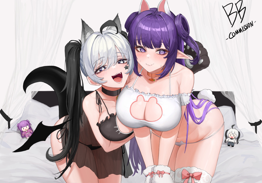 2girls @_@ ahoge animal_cutout animal_ears animal_hands bare_shoulders bed bent_over black_bra black_hair black_panties black_wings bra breast_squeeze breasts buff_bard cat_cutout cat_ears cat_lingerie character_doll cleavage cleavage_cutout closed_mouth clothing_cutout collar collarbone commission demon_wings double_bun fake_tail frilled_bra frills fur_trim gloves hair_bun hand_on_another's_shoulder highres large_breasts long_hair looking_away low_wings meme_attire multicolored_hair multiple_girls open_mouth original panties paw_gloves pointy_ears purple_collar purple_eyes purple_hair rabbit_ears rabbit_tail see-through side-tie_panties star-shaped_pupils star_(symbol) symbol-shaped_pupils tail thighhighs two-tone_hair underwear white_hair wings