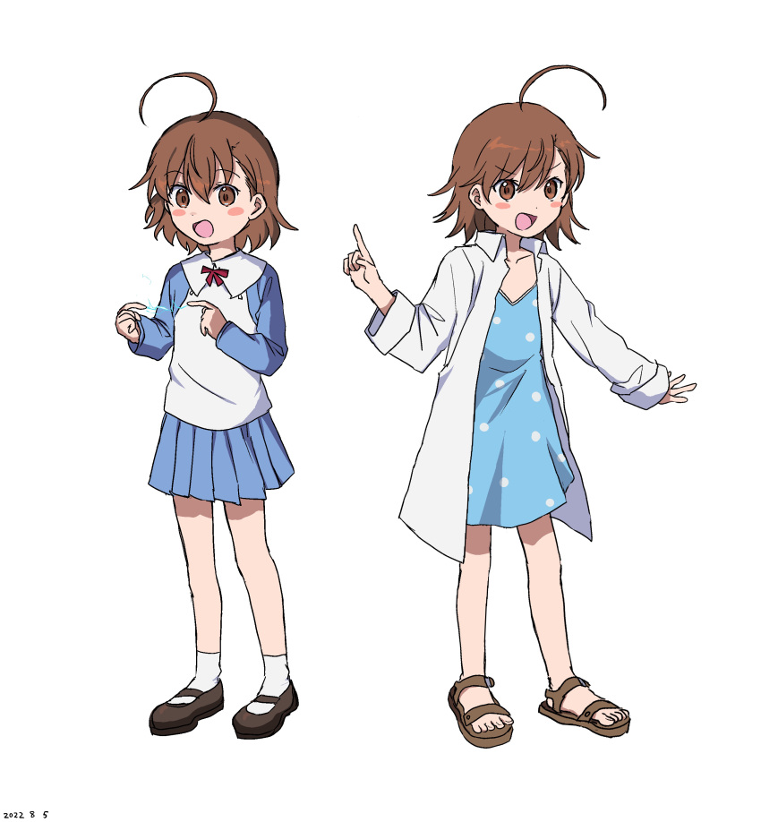 2girls absurdres ahoge bangs blue_dress blue_skirt blue_sleeves blush_stickers brown_eyes brown_footwear brown_hair child coat dress female_child full_body highres last_order_(toaru_majutsu_no_index) long_sleeves misaka_mikoto multiple_girls open_clothes open_coat polka_dot polka_dot_dress sandals shirt shoes short_hair simple_background skirt standing takatisakana toaru_majutsu_no_index white_background white_coat white_shirt younger