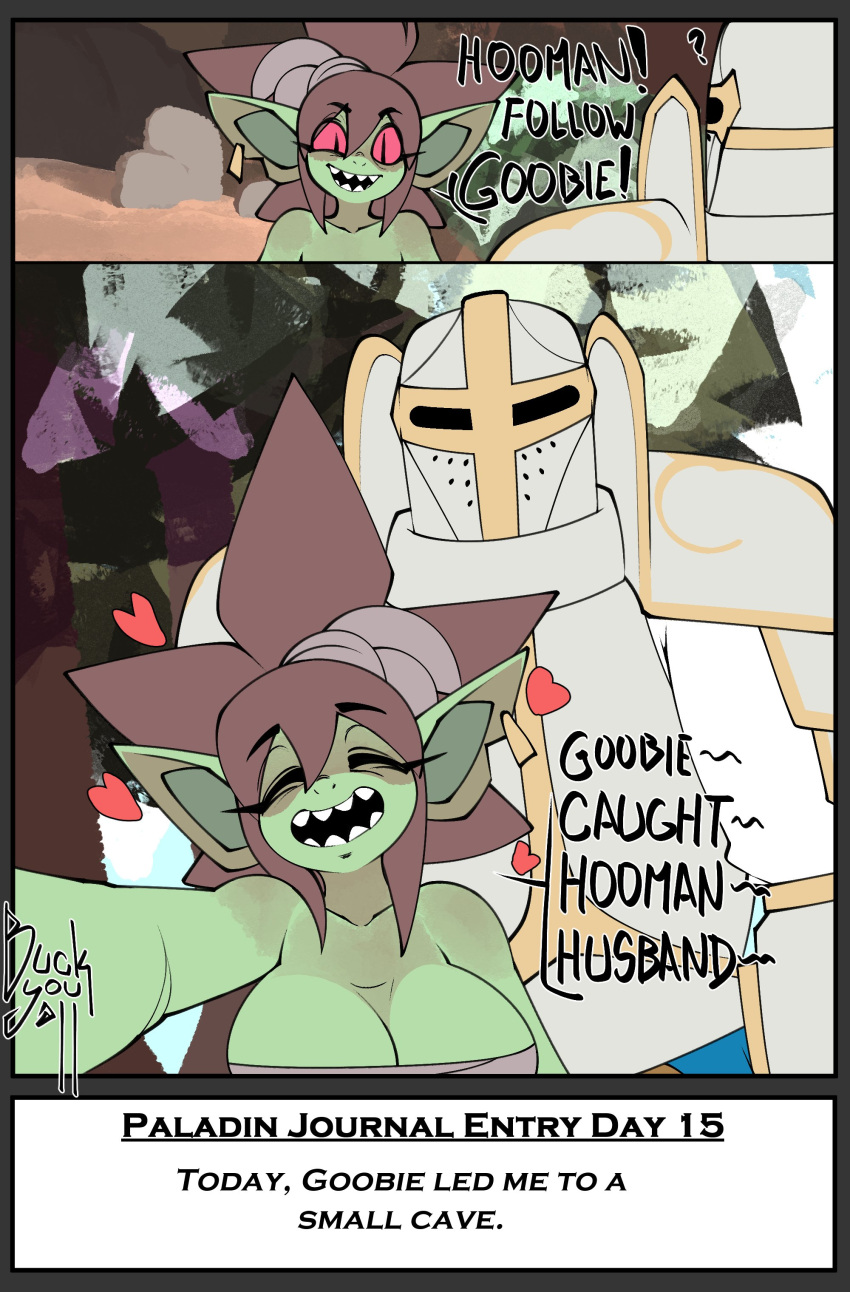 &lt;3 absurd_res armor big_breasts breasts cave cleavage clothed clothing comic da3rd dialogue digital_media_(artwork) duo english_text eyelashes eyes_closed female goblin goobie_(da3rd) green_body green_skin hair headgear helmet hi_res human humanoid humanoid_pointy_ears larger_male male mammal not_furry open_mouth paladin pupils red_sclera rock short_stack size_difference slit_pupils smaller_female smile teeth text topwear