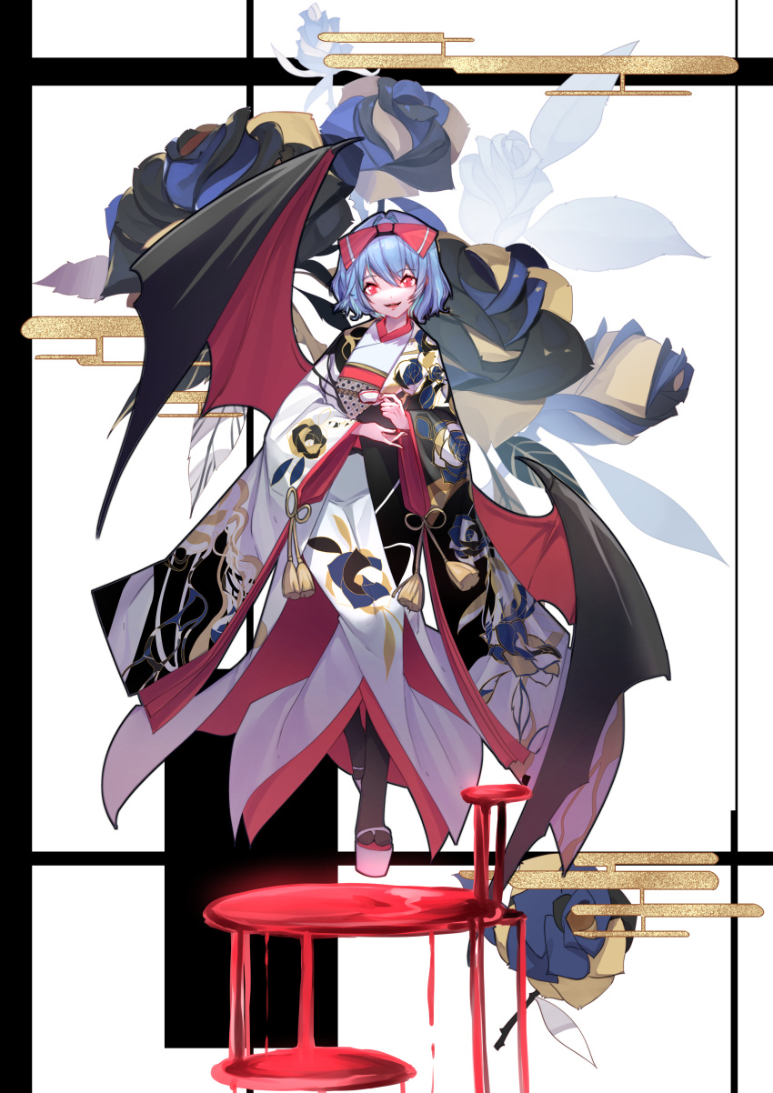 1girl :d absurdres alternate_costume ambiguous_red_liquid bat_wings black_flower black_rose black_socks blue_flower blue_hair blue_rose bow commentary cup dare_no_inarikami fangs floral_print flower full_body geta hair_between_eyes hair_bow highres holding holding_cup japanese_clothes kimono long_sleeves looking_at_viewer multicolored_rose open_mouth red_bow red_eyes remilia_scarlet rose rose_print short_hair slit_pupils smile socks solo tabi tassel teacup teeth tongue touhou upper_teeth white_footwear white_kimono wide_sleeves wings yellow_flower yellow_rose