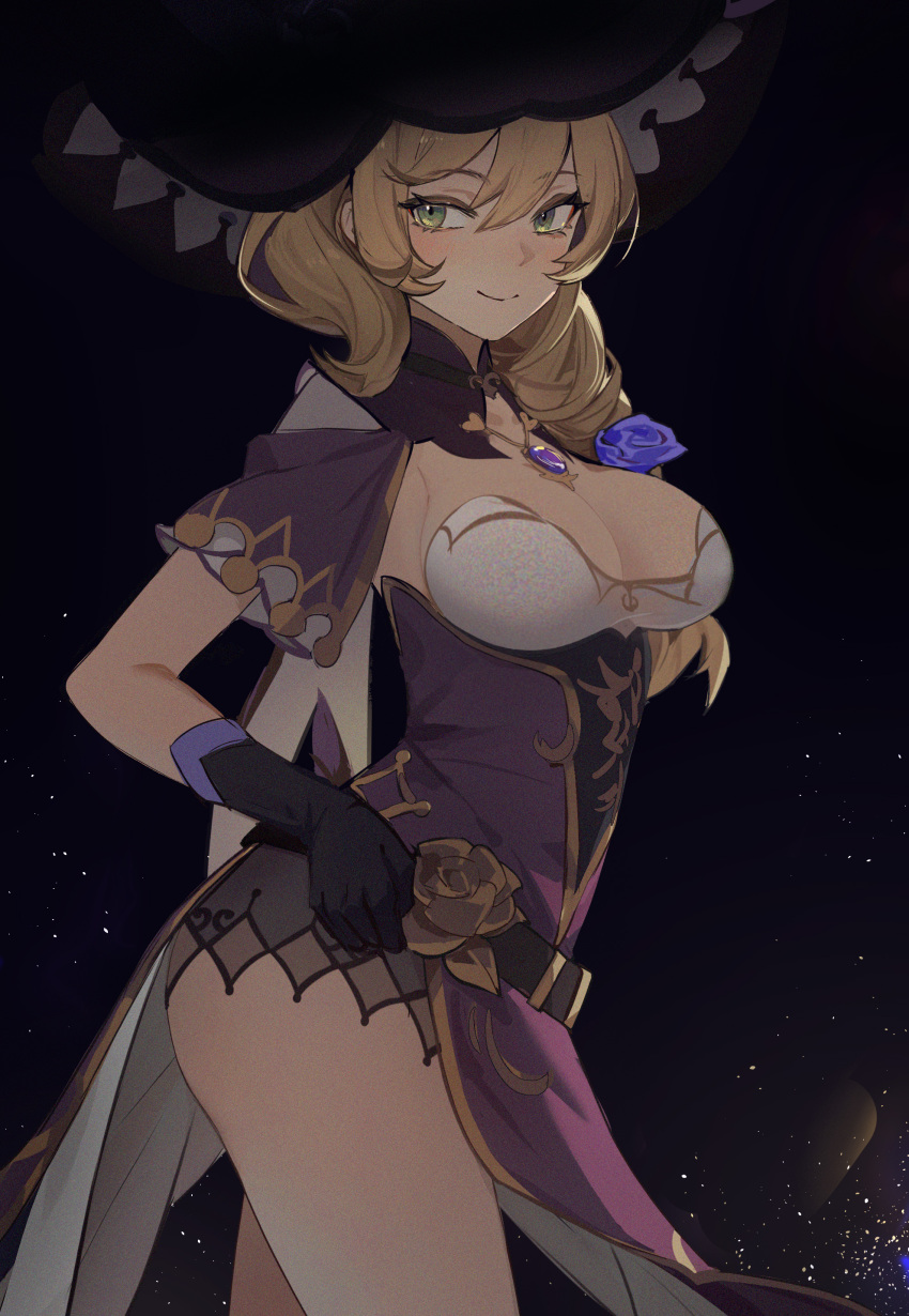 1girl absurdres ass black_gloves blonde_hair breasts cleavage closed_mouth collarbone commentary_request cowboy_shot dress flower from_side genshin_impact gloves gold_trim green_eyes hair_between_eyes hand_on_hip hat highres jewelry large_breasts large_hat light_particles lisa_(genshin_impact) long_hair looking_away necklace purple_dress purple_flower purple_rose rose short_sleeves shrug_(clothing) sidelocks smile solo strapless strapless_dress thighs v-shaped_eyebrows wide_sleeves x_nuan yellow_flower yellow_rose