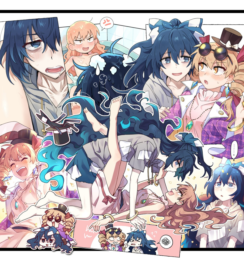 &gt;_&lt; 2girls all_fours alternate_hairstyle anger_vein angry animal_ears arm_up back bangle bangs bare_shoulders barefoot bath bathing belt black_belt black_headwear blonde_hair blue_bow blue_eyes blue_hair blue_skirt boots bow bracelet breasts brown_eyes brown_footwear brown_hair buttons cat_ears closed_eyes coin collarbone collared_jacket commentary_request crystal crystal_earrings debt dress dress_bow drill_hair drooling earrings eyewear_on_head fang fangs floral_print flower flying_sweatdrops gem gradient gradient_background green_gemstone grey_hoodie hair_between_eyes hair_bow hair_ribbon hand_on_another's_cheek hand_on_another's_face hand_up hands_up hat hat_bow hat_ribbon highres hood hoodie incest jacket jewelry legs_up light_brown_hair long_hair long_sleeves looking_at_another looking_at_viewer looking_away looking_down looking_to_the_side looking_up lying lying_on_person medium_breasts medium_hair mini_hat money multiple_girls necklace nervous no_headwear on_back on_stomach open_clothes open_jacket open_mouth orange_eyes orange_hair pink_background pink_dress purple_bow purple_flower purple_jacket purple_ribbon purple_rose re_ghotion red_bow red_ribbon ribbon rose rose_print saliva short_sleeves simple_background sitting skirt sleeveless sleeveless_dress smile speech_bubble standing stuffed_animal stuffed_toy sunglasses sweat sweatdrop teeth tongue touhou toy twintails v-shaped_eyebrows wall water wavy_hair white_background white_bow white_ribbon wide_sleeves yellow_background yorigami_jo'on yorigami_shion yuri