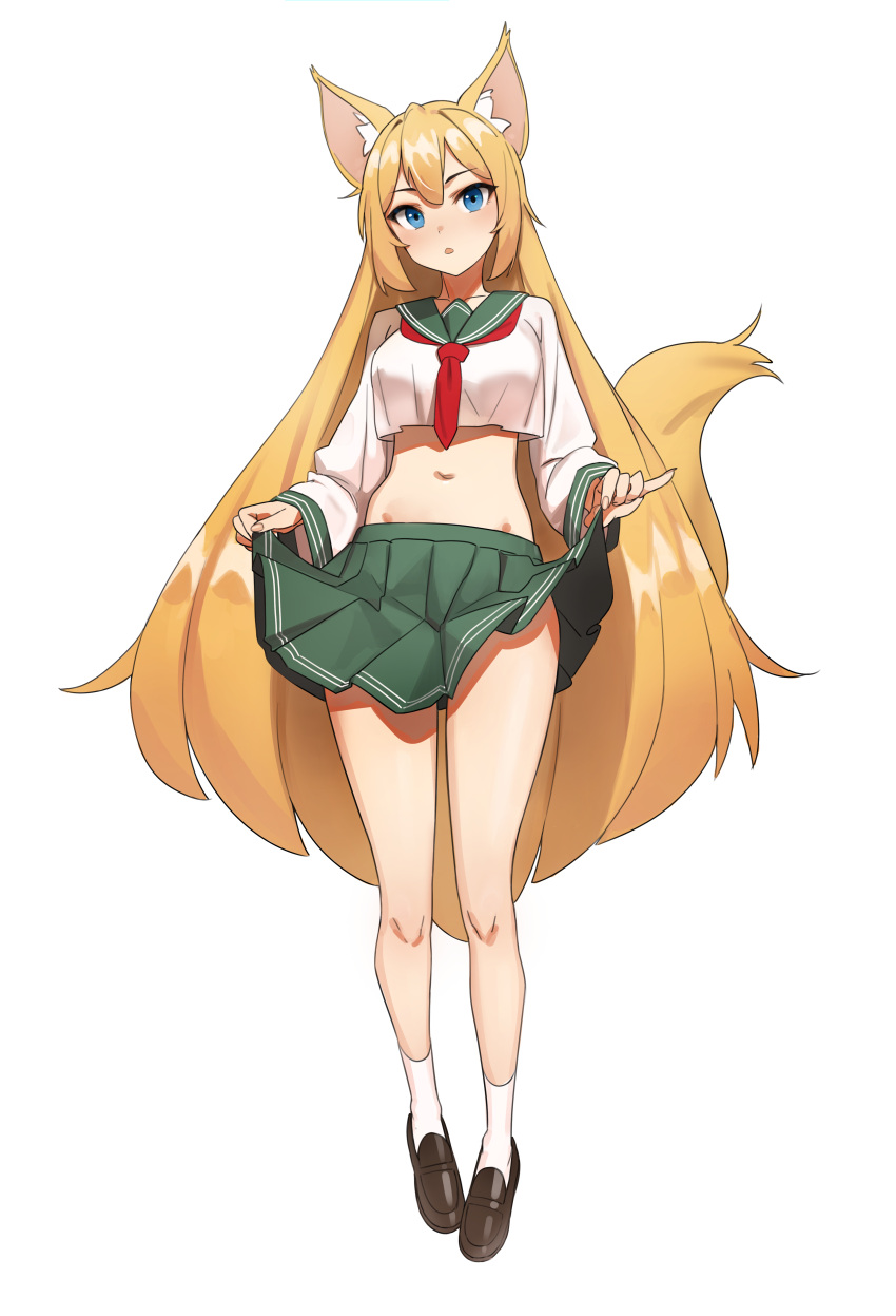 1girl absurdres animal_ears bangs blonde_hair blouse blue_eyes clothes_lift collar collared_shirt commentary commission crop_top crop_top_overhang english_commentary fox_ears fox_girl fox_tail full_body green_collar green_skirt highres kiritzugu lifted_by_self loafers long_hair looking_at_viewer navel neckerchief open_mouth original pleated_skirt red_neckerchief sailor_collar school_uniform serafuku shirt shoes simple_background skirt skirt_lift socks solo stomach tail white_background white_shirt white_socks