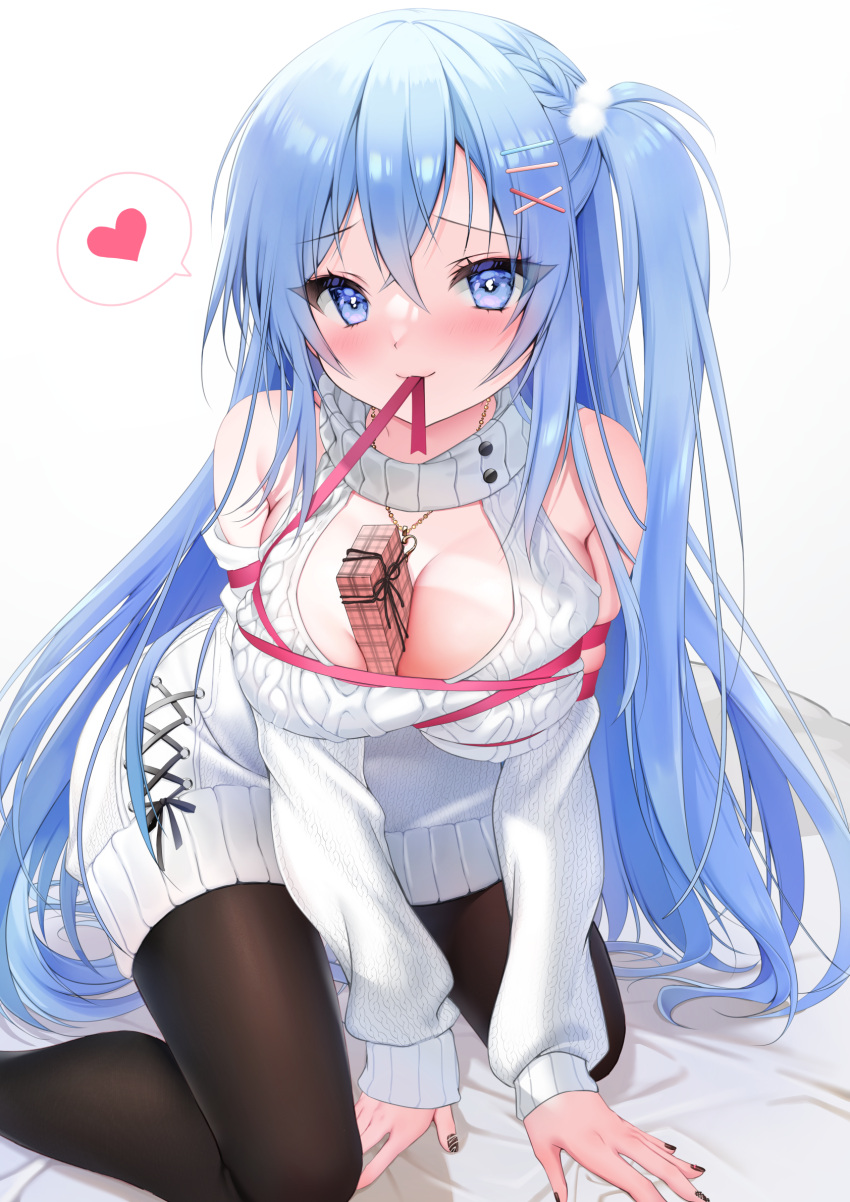 1girl blue_eyes blue_hair blush breasts cleavage_cutout clothing_cutout emori_miku emori_miku_project heart highres large_breasts liver_city long_hair looking_at_viewer nail_polish solo sweater turtleneck turtleneck_sweater valentine white_background yoruhoshi_owl
