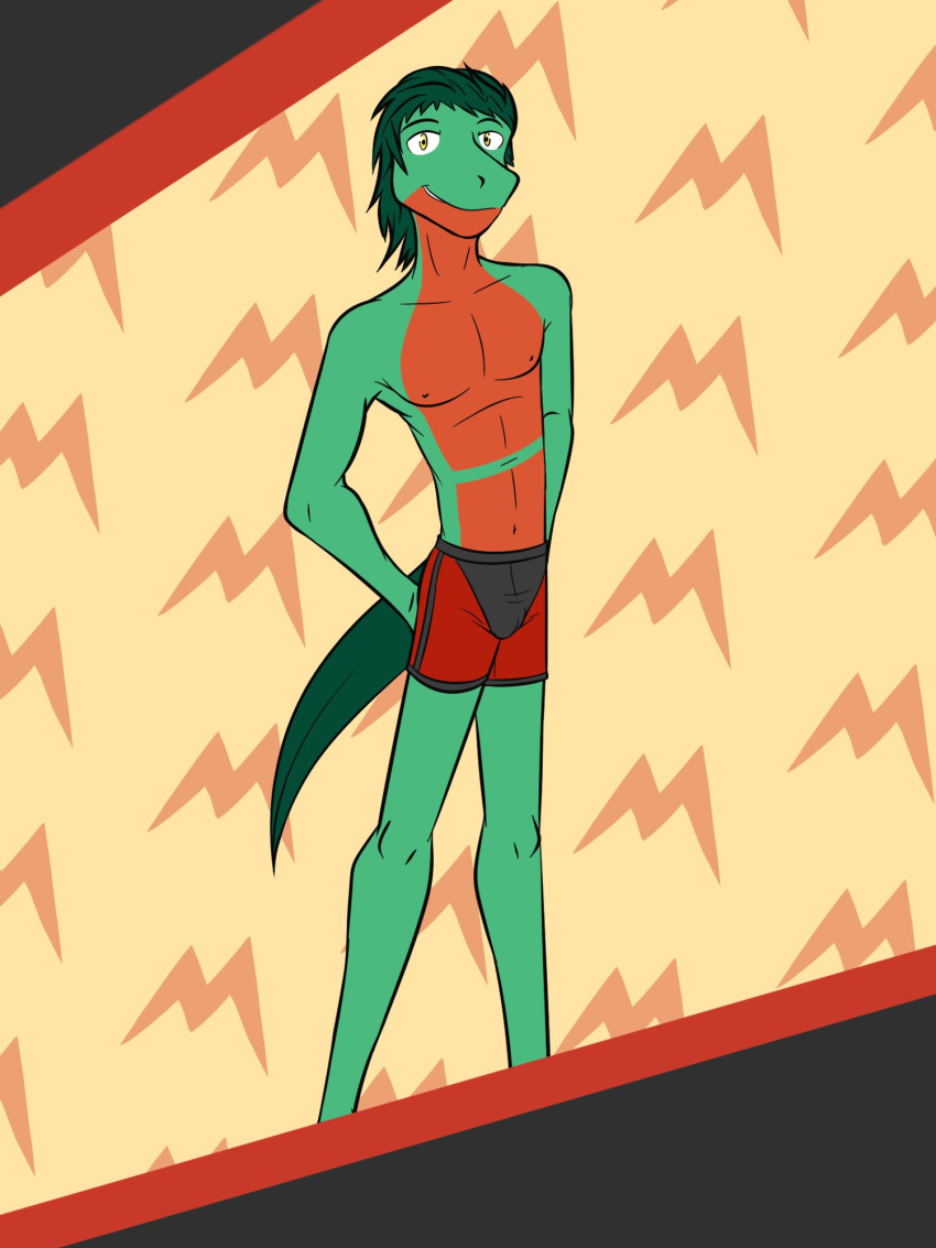 abstract_background anthro anthrofied boxer_briefs boxer_briefs_only clothed clothing fuze generation_3_pokemon grovyle hi_res male navel nintendo nipples pok&eacute;mon pok&eacute;morph pokemon_(species) solo topless underwear underwear_only video_games