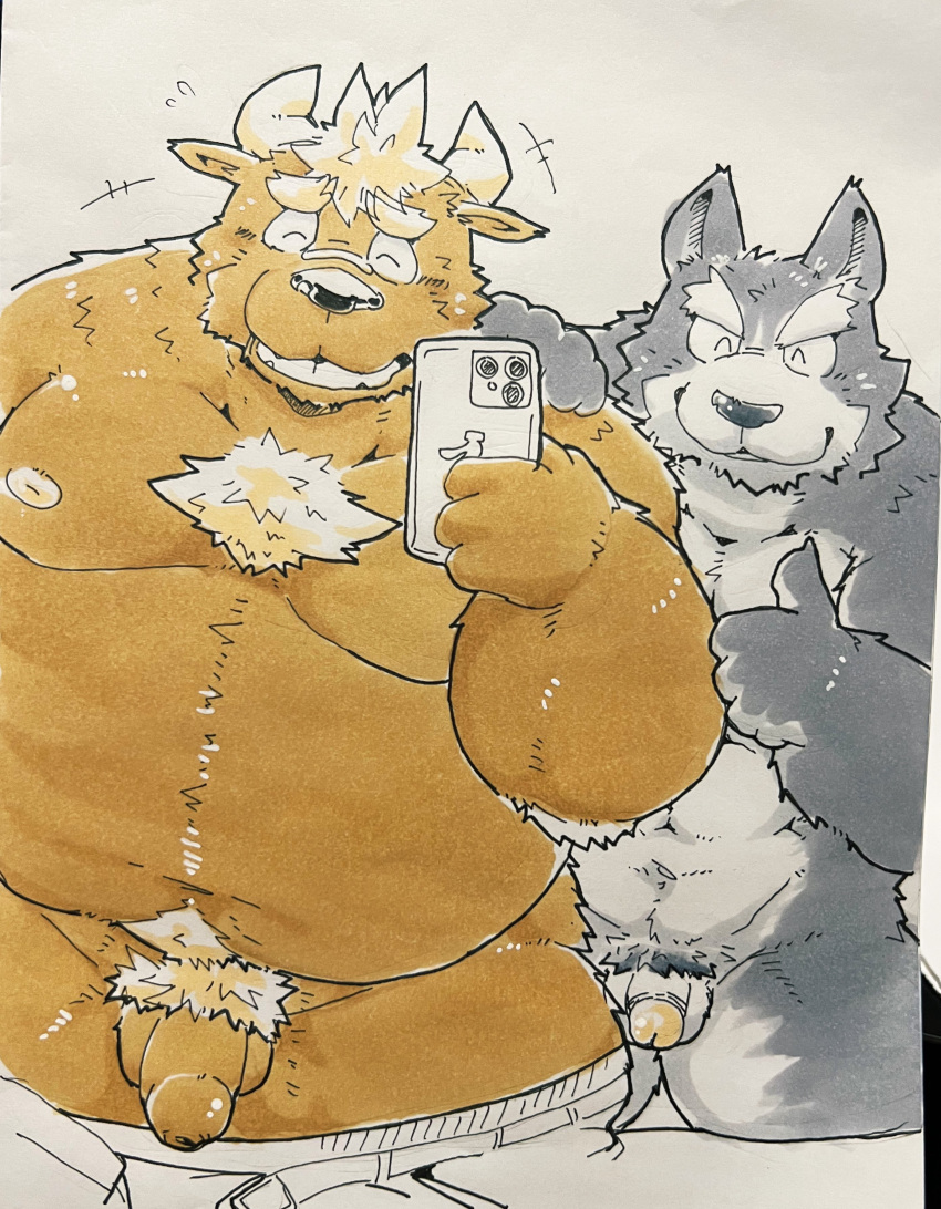 2022 absurd_res anthro balls belly big_belly bovid bovine canid canine canis cattle cellphone duo eyes_closed flaccid genitals hi_res humanoid_genitalia humanoid_hands humanoid_penis kemono male male/male mammal moobs navel nipples overweight overweight_male penis phone pubes smartphone suishou0602 wolf