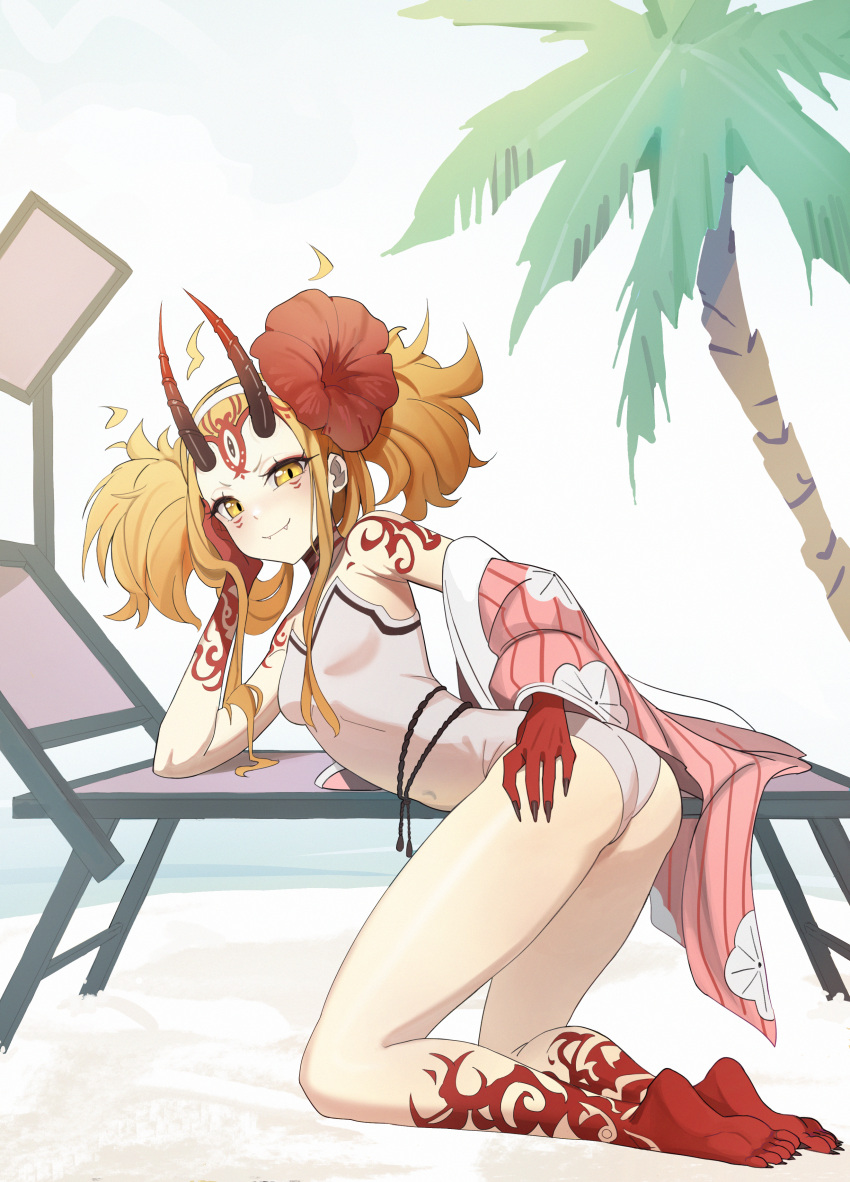 1girl absurdres arm_support ass bare_shoulders barefoot beach beach_chair blonde_hair breasts facial_mark fangs fate/grand_order fate_(series) fingernails floral_print flower forehead_mark full_body hair_flower hair_ornament hairband hand_on_own_cheek hand_on_own_face hibiscus highres horns ibaraki_douji_(fate) ibaraki_douji_(swimsuit_lancer)_(fate) ibaraki_douji_(swimsuit_lancer)_(second_ascension)_(fate) japanese_clothes kimono kimono_removed kiritzugu kneeling looking_at_viewer one-piece_swimsuit oni oni_horns palm_tree pink_kimono sharp_fingernails sharp_toenails shore small_breasts smile smug solo swimsuit tattoo thighs toenails tree twintails white_swimsuit yellow_eyes