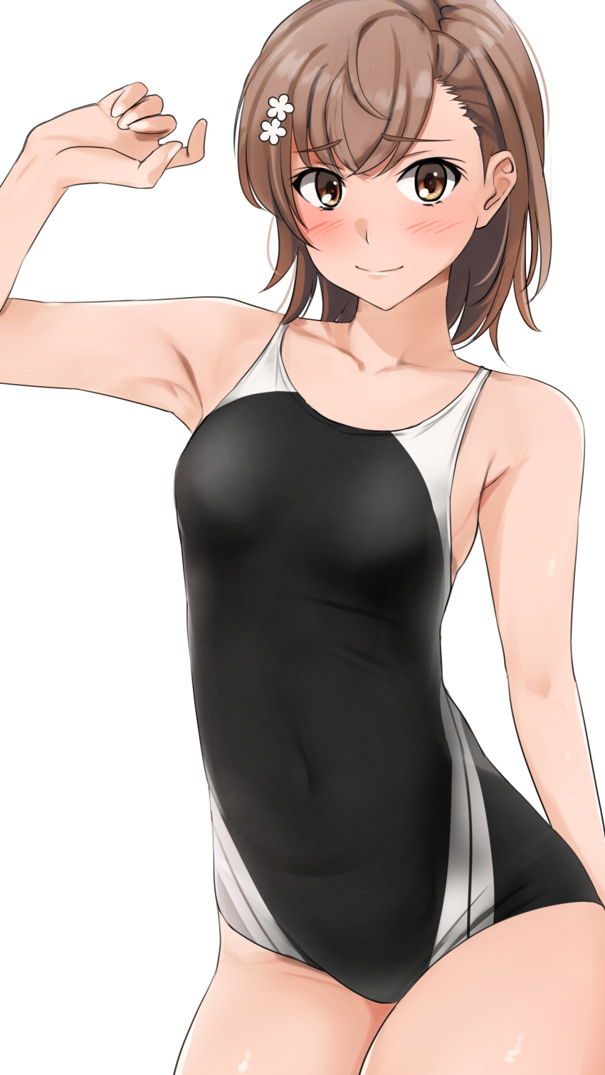 1girl black_swimsuit blush breasts brown_eyes brown_hair competition_swimsuit cowboy_shot highres looking_at_viewer misaka_mikoto one-piece_swimsuit short_hair simple_background small_breasts smile solo swimsuit toaru_kagaku_no_railgun toaru_majutsu_no_index white_background yoo_tenchi