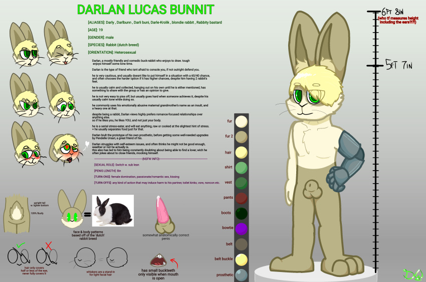 absurd_res ahegao angry animal_genitalia animal_penis biped blonde_hair blush character_bio character_name clothing darlan_bunnit darli_buni digital_media_(artwork) domestic_rabbit dutch_rabbit english_text expression_sheet fingers footwear fur genitals gradient_background hair hi_res lagomorph lagomorph_penis leporid looking_at_viewer looking_pleasured male mammal model_sheet nude open_mouth oryctolagus penetration penile penile_penetration penis profanity prosthetic prosthetic_arm prosthetic_limb rabbit sad signature simple_background solo standing stock_image teeth text tongue tongue_out whiskers