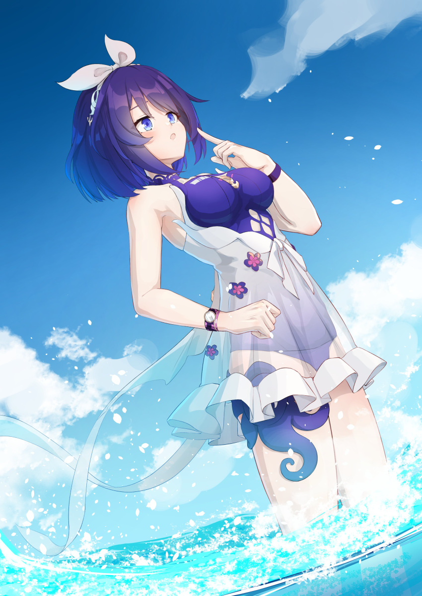 1girl absurdres blue_eyes blue_sky blue_swimsuit breasts caisena cloud commentary_request day frills hair_ribbon highres honkai_(series) honkai_impact_3rd looking_away medium_breasts one-piece_swimsuit outdoors parted_lips purple_hair ribbon see-through seele_vollerei sky solo swimsuit swimsuit_under_clothes water white_ribbon