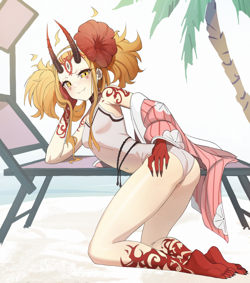 1girl absurdres arm_support ass bare_shoulders barefoot beach beach_chair blonde_hair breasts english_commentary facial_mark fangs fate/grand_order fate_(series) fingernails floral_print flower forehead_mark full_body hair_flower hair_ornament hairband hand_on_own_cheek hand_on_own_face hibiscus highres horns ibaraki_douji_(fate) ibaraki_douji_(swimsuit_lancer)_(fate) ibaraki_douji_(swimsuit_lancer)_(second_ascension)_(fate) japanese_clothes kimono kimono_removed kiritzugu kneeling looking_at_viewer one-piece_swimsuit oni oni_horns palm_tree pink_kimono sharp_fingernails sharp_toenails shore small_breasts smile smug solo swimsuit tattoo thighs toenails tree twintails white_swimsuit yellow_eyes