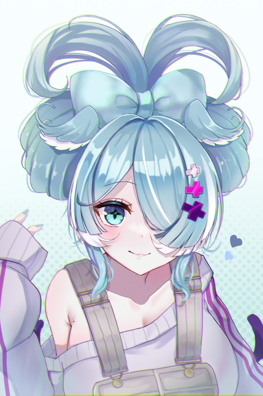 +_+ 1girl absurdres alternate_hairstyle aqua_eyes bangs bare_shoulders blue_bow blue_eyes blue_hair blue_nails blue_wings borrowed_hairstyle bow breasts chromatic_aberration cleavage closed_mouth dithered_background dithering double_bun dragon_girl elira_pendora grey_overalls hair_bow hair_bun hair_ornament hair_over_one_eye hair_rings hair_up head_wings heart highres large_breasts light_blush long_hair looking_at_viewer mole multicolored_hair nijisanji nijisanji_en no_bra off_shoulder one_eye_covered overall_shorts overalls oversized_clothes reityana sidelocks sleeves_past_wrists smile solo sweater swept_bangs updo upper_body virtual_youtuber white_hair white_sweater wings x_hair_ornament