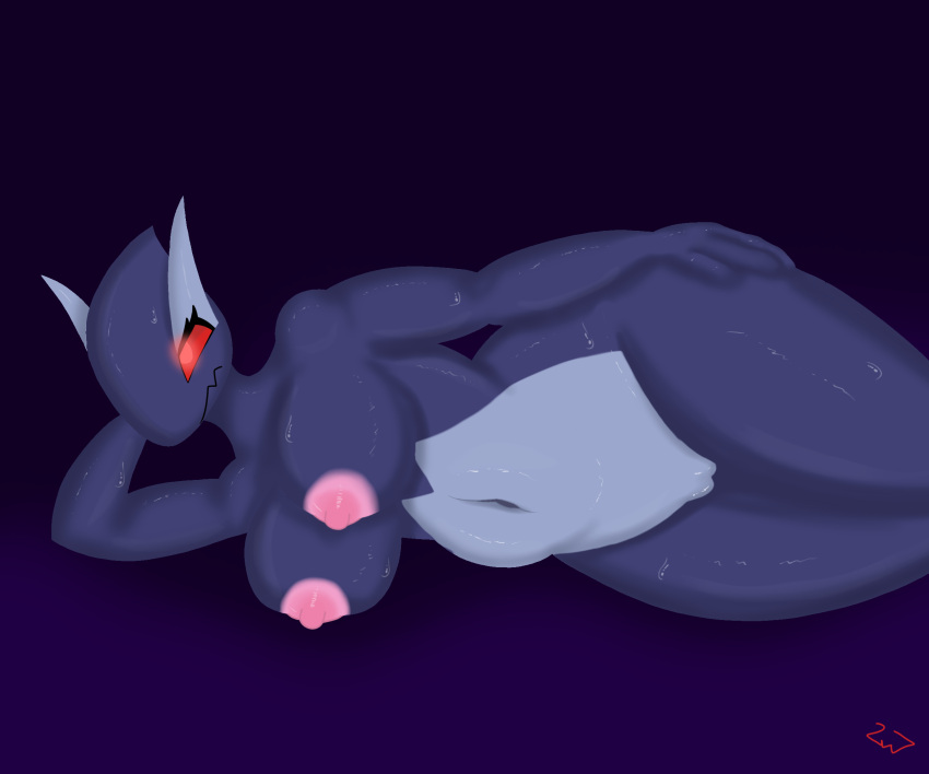 2vv7 black_body bodily_fluids breasts female glistening glistening_body glistening_skin glowing glowing_eyes hi_res humanoid legendary_pok&eacute;mon lying nintendo nipples on_side pok&eacute;mon pokemon_(species) red_eyes red_sclera shadow_lugia shadow_pok&eacute;mon solo sweat video_games