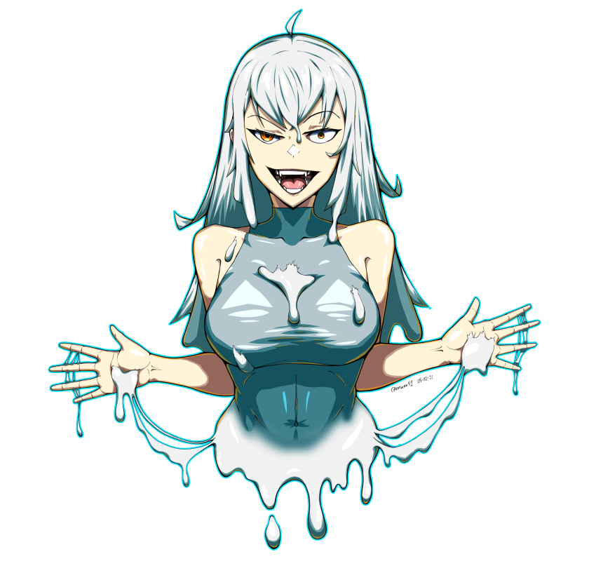 1girl absurdres ahoge breasts constricted_pupils covered_navel crazy_eyes crazy_smile dated fangs grey_hair highres large_breasts long_hair monster_girl open_mouth orange_eyes original raised_eyebrow shirt sleeveless sleeveless_shirt slime_(substance) slime_girl smile solo twitter_username upper_body wan_(imwan42)