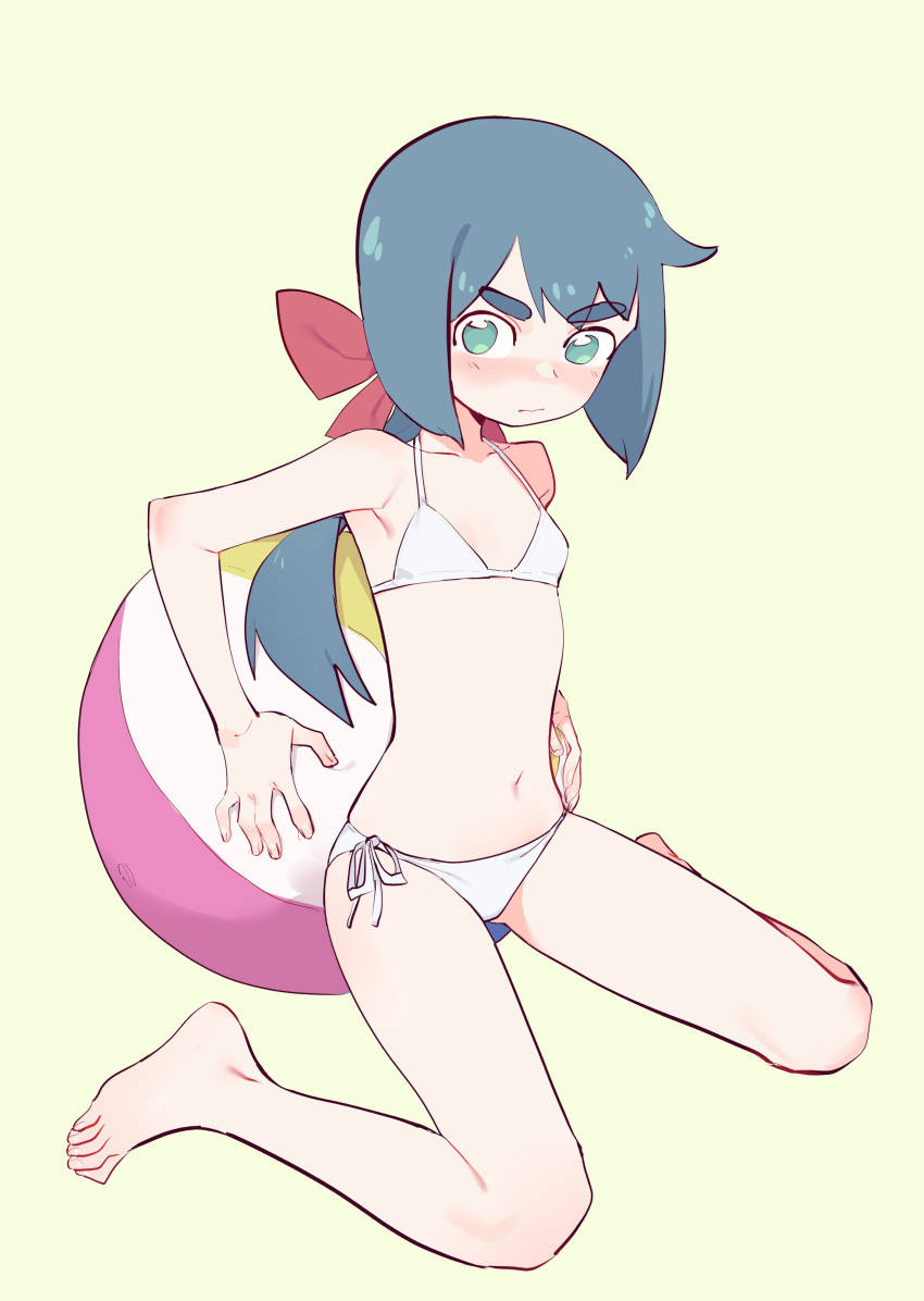 1girl absurdres ball bare_arms bare_legs bare_shoulders barefoot beachball bikini blue_hair blush bow closed_mouth commentary constanze_amalie_von_braunschbank-albrechtsberger eds full_body green_background green_eyes hair_bow highres little_witch_academia low_ponytail navel nose_blush ponytail red_bow short_eyebrows side-tie_bikini simple_background solo swimsuit symbol-only_commentary thick_eyebrows white_bikini