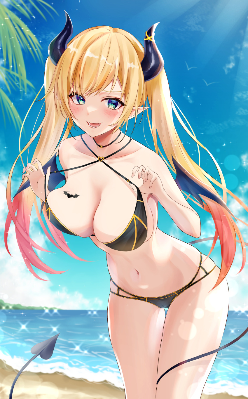 1girl absurdres alternate_hairstyle aqua_eyes beach bikini black_bikini black_choker blonde_hair blue_sky breasts choker cleavage colored_tips day demon_girl demon_horns demon_tail demon_wings gradient_hair highres hololive horns large_breasts leaning_forward long_hair multicolored_hair outdoors pink_hair pulled_by_self shihaku_rare sky solo strap_pull swimsuit tail thigh_gap twintails v-shaped_eyebrows virtual_youtuber wings yuzuki_choco