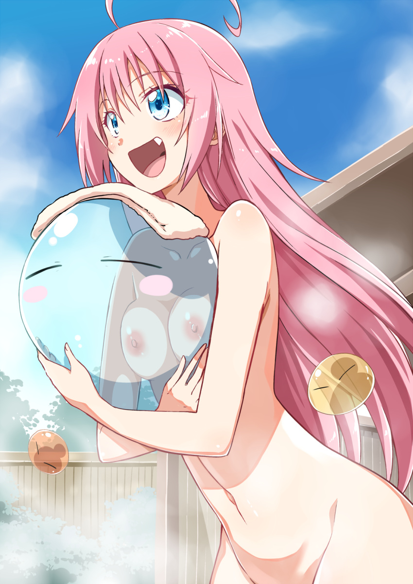 1girl :d ahoge bangs blue_eyes blue_sky breast_press breasts closed_eyes collarbone completely_nude fang hair_between_eyes highres long_hair milim_nava navel nipples nude onsen pink_hair rimuru_tempest shiny shiny_hair shiny_skin sky slime_(creature) small_breasts smile straight_hair tensei_shitara_slime_datta_ken towel towel_on_head very_long_hair yuto_(dialique)