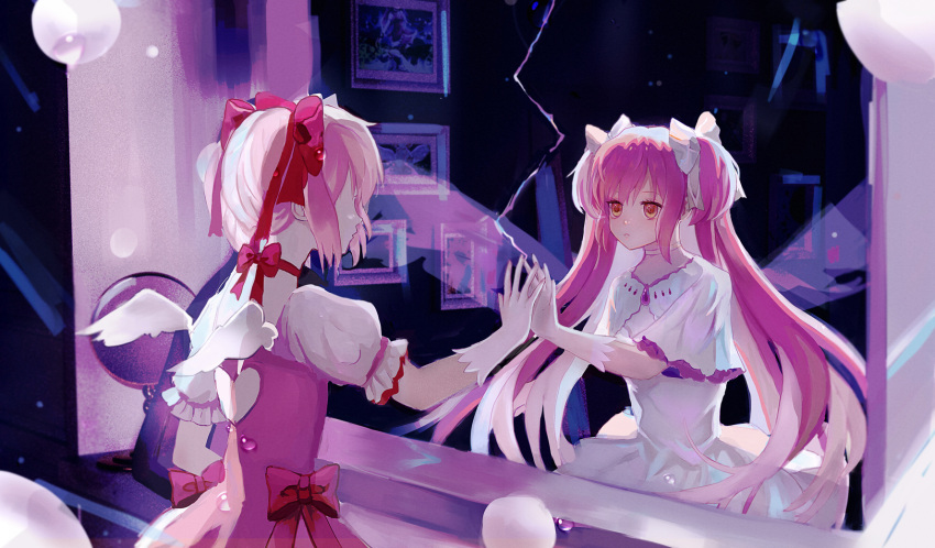 1girl bow choker clothing_cutout different_reflection gloves hair_bow hand_up heart_cutout highres iceblue kaname_madoka long_hair magical_girl mahou_shoujo_madoka_magica mirror puffy_short_sleeves puffy_sleeves red_bow red_choker reflection ribbon_choker short_hair short_sleeves short_twintails twintails ultimate_madoka very_long_hair white_bow white_choker white_gloves wide_sleeves