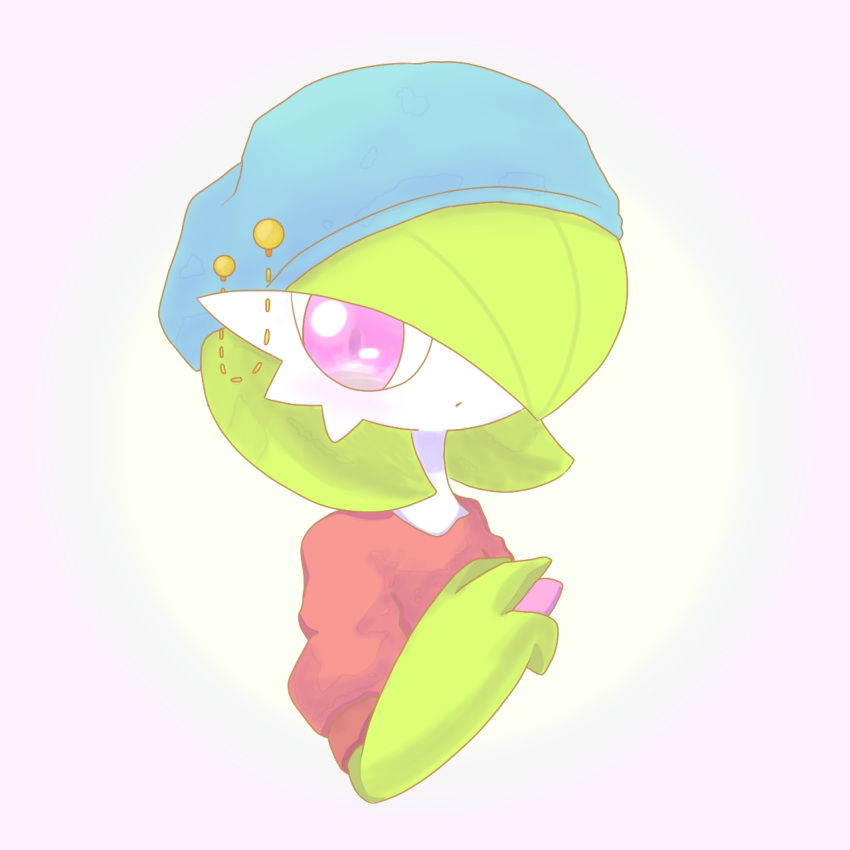 1girl bangs beanie blue_headwear bob_cut colored_skin commentary_request cropped_torso gardevoir gradient gradient_background green_hair green_skin hair_over_one_eye hand_up hat hat_chain highres looking_at_viewer multicolored_skin one_eye_covered open_mouth pink_background pink_eyes pokemon pokemon_(creature) red_shirt shirt short_hair short_sleeves simple_background solo two-tone_skin upper_body white_skin yuri_(pixiv_76483886)