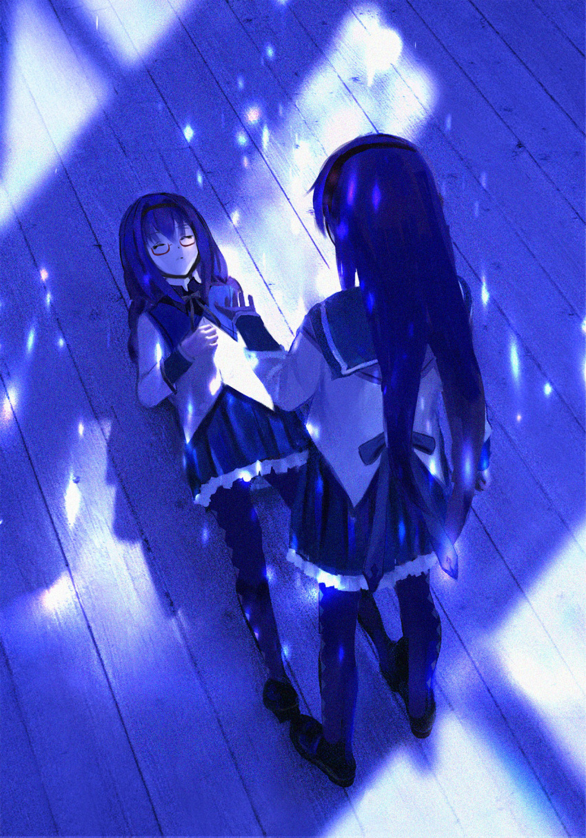 2girls akemi_homura argyle argyle_legwear behind_another black_footwear black_hair black_skirt blue_theme capelet closed_eyes closed_mouth commentary_request dual_persona frilled_skirt frills from_above glasses highres iceblue long_hair long_sleeves lying magical_girl mahou_shoujo_madoka_magica multiple_girls on_back pantyhose purple_capelet purple_ribbon red-framed_eyewear ribbon shirt shoes skirt standing time_paradox white_shirt wooden_floor