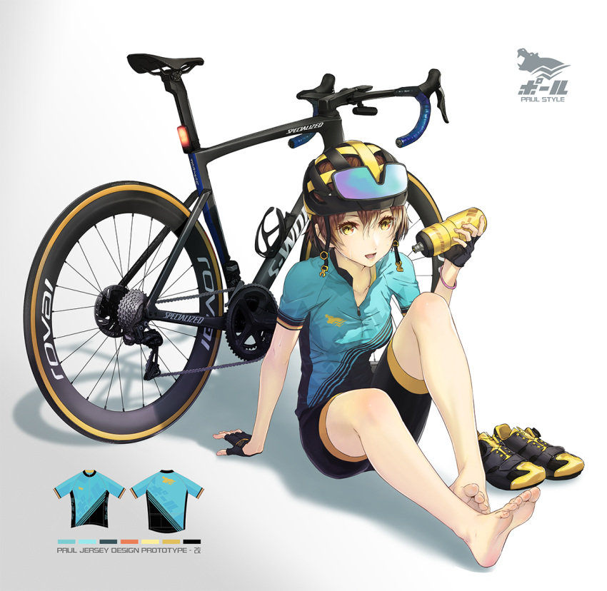 1girl arm_support bangs barefoot bicycle bike_jersey bike_shorts biker_clothes black_footwear blush bottle bracelet breasts brown_hair collarbone english_text feet fukukitaru full_body gloves goggles goggles_on_headwear gradient gradient_background grey_background ground_vehicle hand_up helmet jewelry knee_up knees_apart_feet_together legs looking_at_viewer medium_breasts multicolored_footwear open_mouth original partially_fingerless_gloves partially_unzipped shadow shoes shoes_removed short_hair short_sleeves sitting sneakers soles solo sweat sweatdrop thighs toes white_background yellow_eyes yellow_footwear