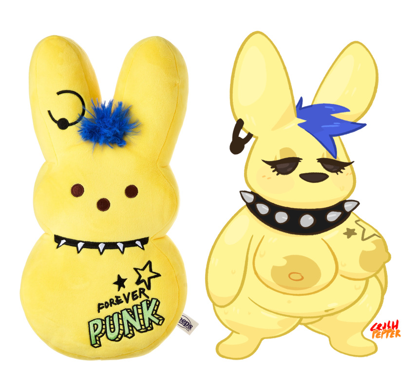 blue_hair bored crushpepper ear_piercing fur goth hair hi_res lagomorph leporid makeup mammal overweight peeps piercing rabbit simple_background tagme white_background yellow_body yellow_fur