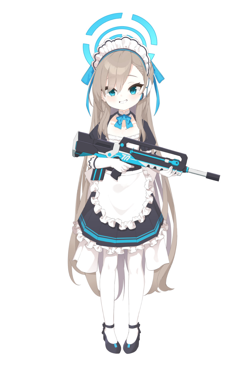 1girl absurdres ansan_ey apron assault_rifle asuna_(blue_archive) bangs blue_archive blue_bow blue_eyes blue_ribbon blush bow brown_hair bullpup dress famas frills full_body gun hair_ribbon highres holding light_brown_hair long_hair looking_at_viewer maid maid_apron maid_headdress pantyhose puffy_sleeves ribbon rifle shoes simple_background smile solo standing swept_bangs very_long_hair weapon white_apron white_background younger