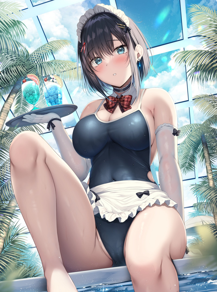 1girl apron bare_shoulders black_hair blue_eyes blush bow bowtie breasts cleavage collar crotch elbow_gloves gloves highres large_breasts looking_at_viewer maid maid_apron maid_headdress original pool poolside short_hair sitting skin_tight skindentation solo spread_legs swimsuit thighs tomoo_(tomo) tray white_gloves