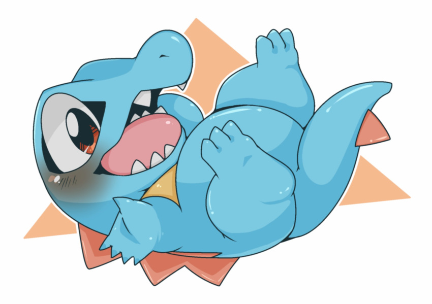 blue_body blush claws doneru fangs generation_2_pokemon hi_res lying nintendo on_back pok&eacute;mon pokemon_(species) simple_background slightly_chubby smile solo spines totodile video_games