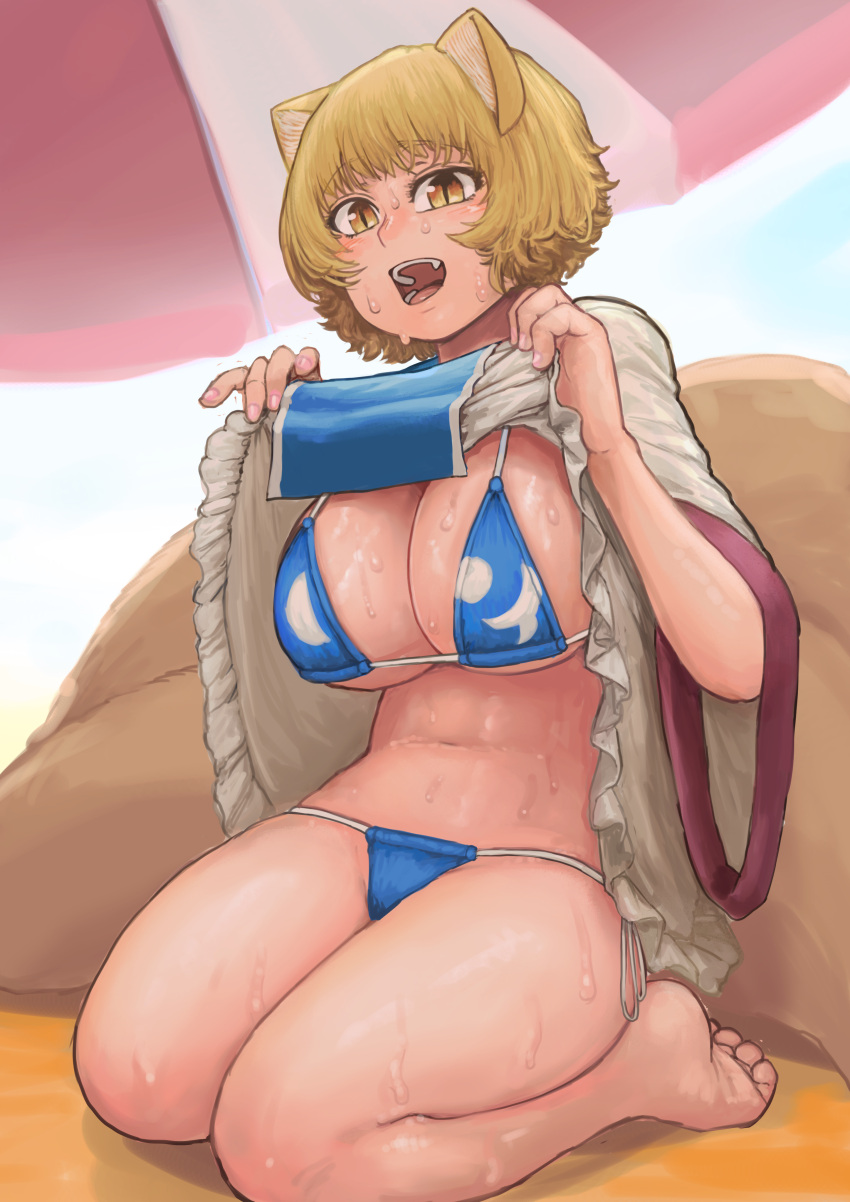 1girl :d absurdres animal_ears beach bikini blonde_hair blue_bikini breasts chanta_(ayatakaoisii) dress dress_shirt fox_ears fox_tail highres large_breasts lifted_by_self long_sleeves looking_at_viewer multiple_tails open_mouth parasol sand seiza shirt short_hair sitting slit_pupils smile solo swimsuit tabard tail touhou umbrella white_dress wide_sleeves yakumo_ran yellow_eyes