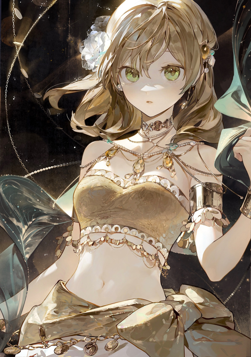 1girl arm_at_side armlet bandeau bangs bare_shoulders black_background blonde_hair bracer brown_background crop_top daiba_nana earrings floating_hair flower gem gradient gradient_background green_eyes hair_between_eyes hair_down hair_flower hair_ornament hand_up harem_outfit highres holding holding_shawl jewelry light_particles looking_at_viewer medium_hair midriff navel necklace official_alternate_costume official_alternate_hairstyle parted_lips pearl_necklace pendant see-through shawl shoujo_kageki_revue_starlight solo standing stomach strapless suzumi_(ccroquette) tube_top upper_body white_flower yellow_gemstone