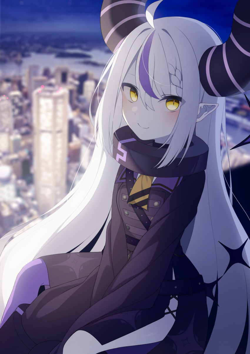 1girl absurdres bangs blush braid cityscape collar fang fang_out highres hololive horns karou_(lhscck302) la+_darknesss long_hair looking_at_viewer multicolored_hair pointy_ears purple_hair purple_thighhighs single_thighhigh sleeves_past_wrists smile solo tail thighhighs two-tone_hair very_long_hair virtual_youtuber white_hair