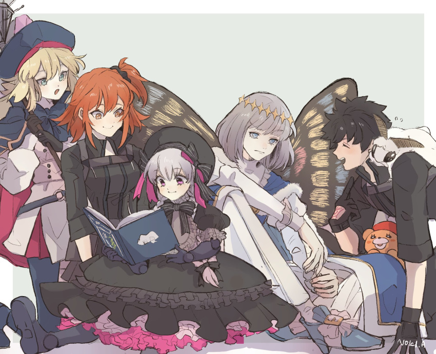 2boys 3girls artoria_caster_(fate) artoria_caster_(second_ascension)_(fate) artoria_pendragon_(fate) beard belt beret black_bow black_dress black_footwear black_hair black_headwear black_jacket black_pantyhose blonde_hair blue_belt blue_bow blue_headwear book boots bow buttons closed_eyes closed_mouth collar crown dress facial_hair fate/grand_order fate_(series) fujimaru_ritsuka_(female) fujimaru_ritsuka_(male) green_eyes grey_hair hair_bow hat highres holding jacket kinnoashihara long_sleeves multiple_boys multiple_girls oberon_(fate) open_book open_mouth orange_eyes orange_hair pantyhose pink_ribbon rabbit ribbon robe shirt short_sleeves sitting skirt smile stuffed_animal stuffed_toy teddy_bear teeth white_background white_robe