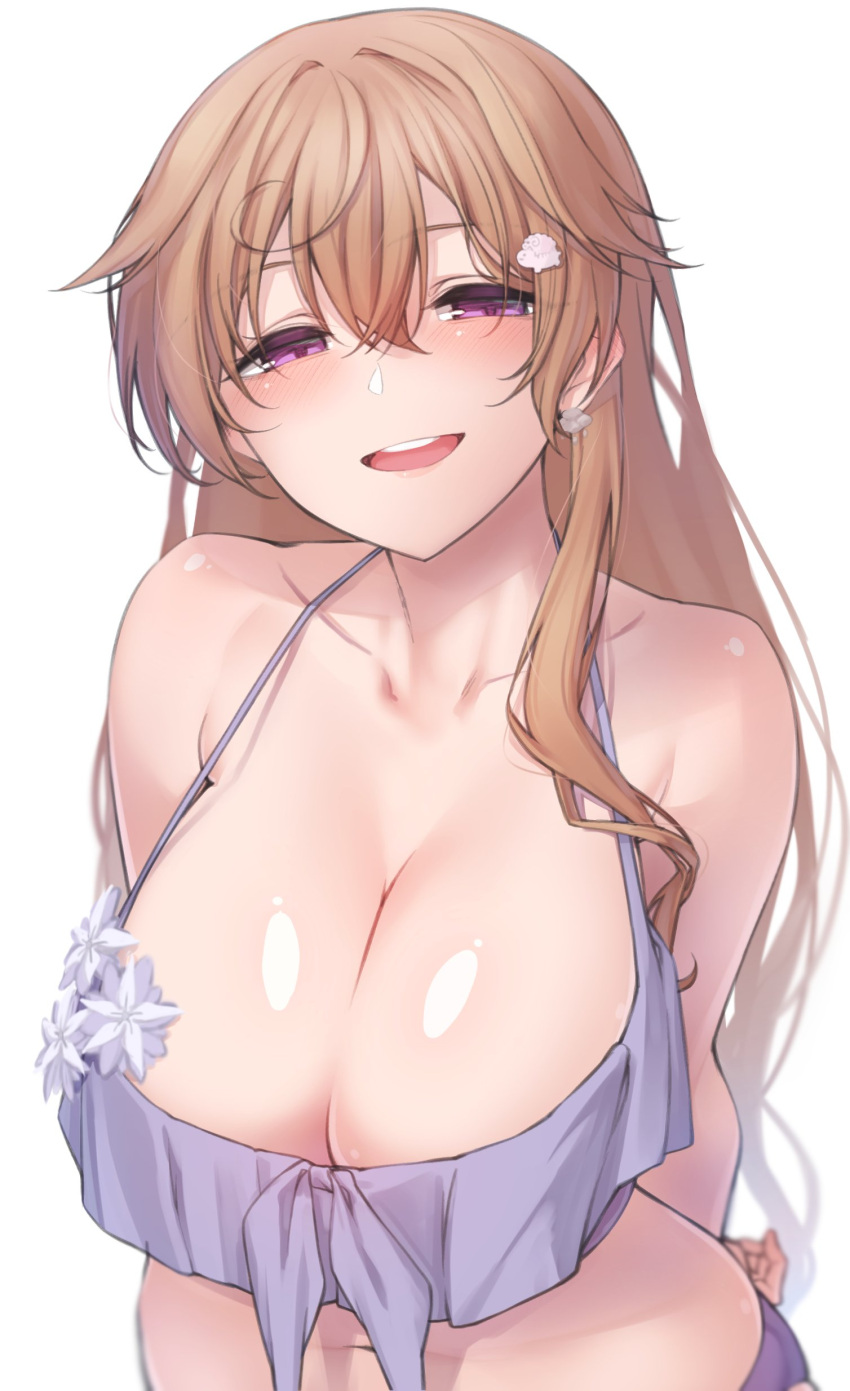 1girl absurdres blush breasts brown_hair cleavage collarbone hair_between_eyes highres huge_breasts konoe_kanata long_hair looking_at_viewer love_live! love_live!_nijigasaki_high_school_idol_club nasuno_(nasuno42) nightgown open_mouth purple_eyes purple_nightgown sidelocks simple_background smile solo teeth upper_body upper_teeth white_background