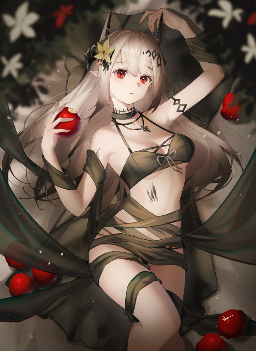 1girl absurdres apple arknights arm_up bikini black_bikini black_collar breasts cleavage collar commentary demon_horns feet_out_of_frame flower food fruit grey_hair hair_ornament hand_up hands_up highres holding holding_food holding_fruit horns jewelry kawausoman long_hair looking_at_viewer mudrock_(arknights) mudrock_(silent_night)_(arknights) necklace official_alternate_costume red_eyes small_breasts solo swimsuit yellow_flower