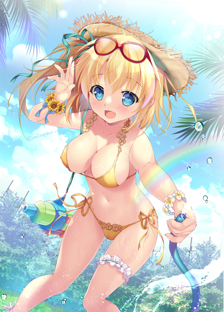 1girl :d arm_up bangs bare_arms bikini blonde_hair blue_eyes blue_sky breasts bridal_garter cleavage collarbone commentary_request daisy day eyewear_on_head fang flower frilled_bikini frills glasses hair_ribbon hat highres holding hose lens_flare looking_at_viewer medium_breasts mikeou navel open_mouth original outdoors rainbow red-framed_eyewear ribbon scrunchie side-tie_bikini sky smile solo standing straw_hat summer sunflower swimsuit water_drop water_gun wrist_scrunchie yellow_bikini