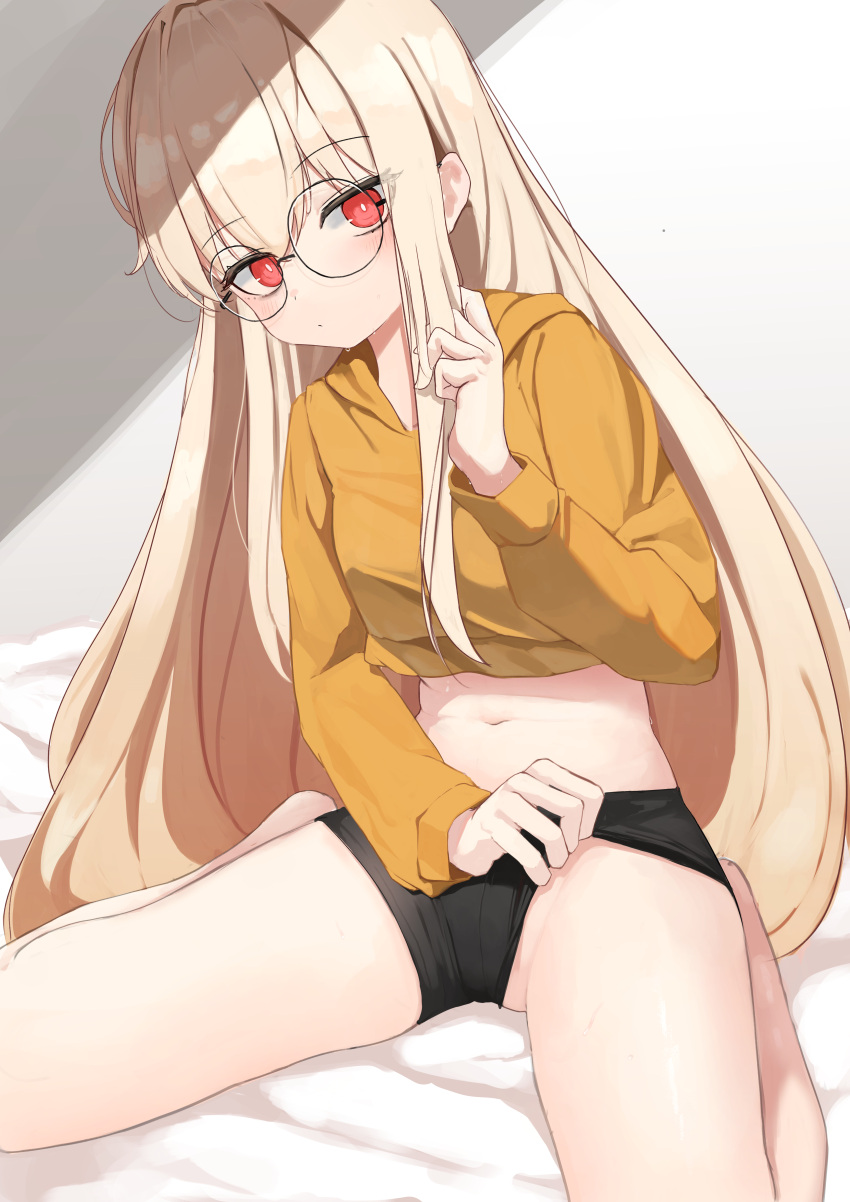 1girl absurdres auuufox bare_legs barefoot black_shorts blonde_hair closed_mouth clothes_pull crop_top crop_top_overhang girls'_frontline glasses highres hood hood_down long_hair long_sleeves looking_at_viewer micro_shorts midriff navel orange_shirt pulled_by_self red_eyes round_eyewear shirt shorts shorts_pull sitting solo stomach thighs type_80_(girls'_frontline) very_long_hair wariza