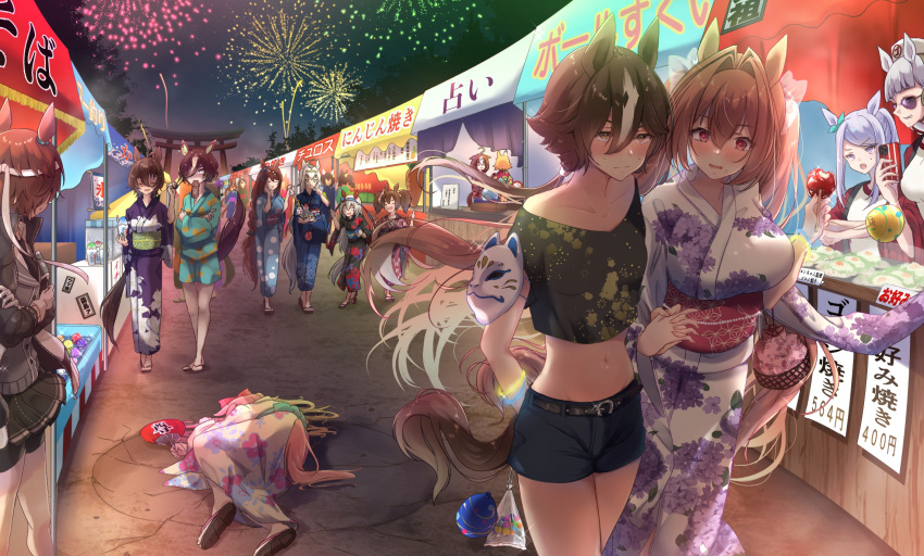 6+girls aerial_fireworks agnes_digital_(umamusume) agnes_tachyon_(umamusume) ahoge alternate_costume animal_ears bamboo_memory_(umamusume) bangs bare_shoulders bike_shorts_under_skirt black_jacket black_necktie black_shirt black_shorts blonde_hair blue_kimono blunt_bangs blush bow bracelet breasts bridle brown_hair candy_apple cardigan cellphone closed_eyes collarbone collared_shirt commentary_request crater crop_top crossed_arms daitaku_helios_(umamusume) daiwa_scarlet_(umamusume) ear_bow ear_covers ear_ornament ear_ribbon eyepatch eyepatch_pull festival fireworks floral_print food food_in_mouth food_stand fox_mask gloves gold_ship_(umamusume) green_kimono grey_cardigan grey_hair grey_skirt hachimaki hair_between_eyes hair_bow hair_intakes hair_over_one_eye hairband hand_fan hand_on_own_cheek hand_on_own_face happi headband highres holding holding_food holding_hands holding_phone horse_ears horse_girl horse_tail ikayaki inari_one_(umamusume) jacket japanese_clothes jewelry kimono kinchaku large_breasts long_hair long_sleeves low_ponytail lying market_stall mask mask_on_head matikanefukukitaru_(umamusume) meisho_doto_(umamusume) mejiro_mcqueen_(umamusume) mejiro_palmer_(umamusume) meme messy_hair midriff mouth_hold multicolored_hair multiple_girls navel necktie night obi off-shoulder_shirt off_shoulder oguri_cap_(umamusume) on_side open_mouth outdoors paper_fan parody phone pillbox_hat pink_hair pink_kimono pleated_skirt poco. ponytail pouch print_kimono purple_eyes purple_hair purple_kimono red_bow red_eyes red_headband sandals sash shadow shaved_ice shirt short_hair short_kimono short_shorts shorts sidelocks skirt small_breasts smartphone smirk standing summer_festival sunglasses super_creek_(umamusume) sweat swept_bangs symboli_rudolf_(umamusume) tail taking_picture tamamo_cross_(umamusume) tanino_gimlet_(umamusume) tokai_teio_(umamusume) torii translation_request twintails two_side_up umamusume very_long_hair vodka_(umamusume) walking water_yoyo white_gloves white_hair white_headwear white_kimono white_shirt wide_sleeves yamcha_pose_(meme) yellow_eyes yukata