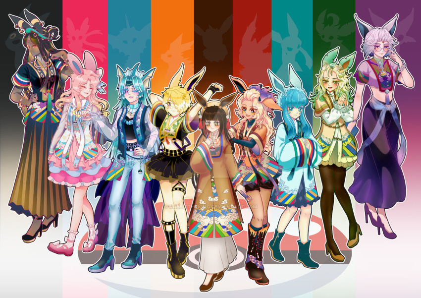 animal_ears ao_nhat_binh colorful eevee espeon flareon glaceon jolteon leafeon multiple_girls pantyhose personification pokemon rabbittheking skirt sylveon umbreon vaporeon vietnamese_clothes vietnamese_dress