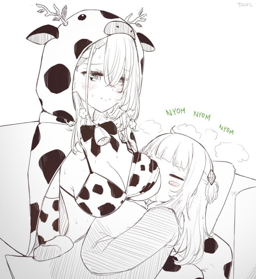 2girls 4zazil animal_costume animal_hood animal_print bikini blush breast_sucking breastfeeding breasts ceres_fauna couch cow_costume cow_girl cow_print gawr_gura highres hololive hololive_english hood large_breasts long_hair multiple_girls swimsuit thighhighs yuri