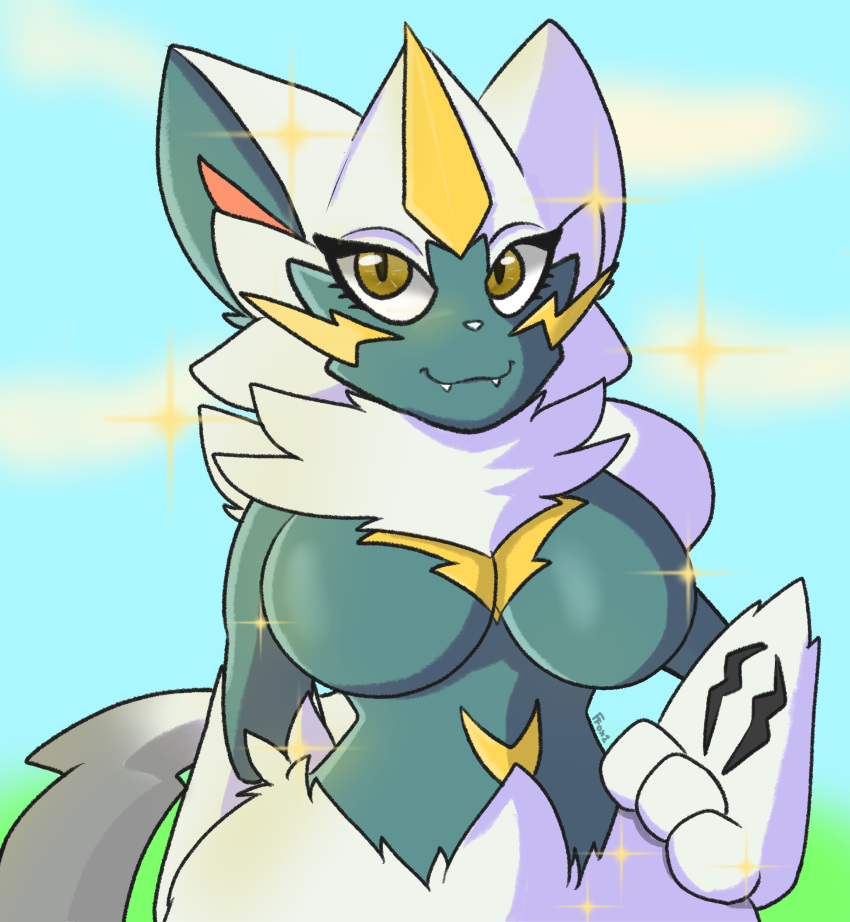 1furrfox absurd_res anthro big_breasts breasts female generation_7_pokemon hi_res legendary_pok&eacute;mon nintendo pok&eacute;mon pokemon_(species) shiny_pokemon solo video_games zeraora