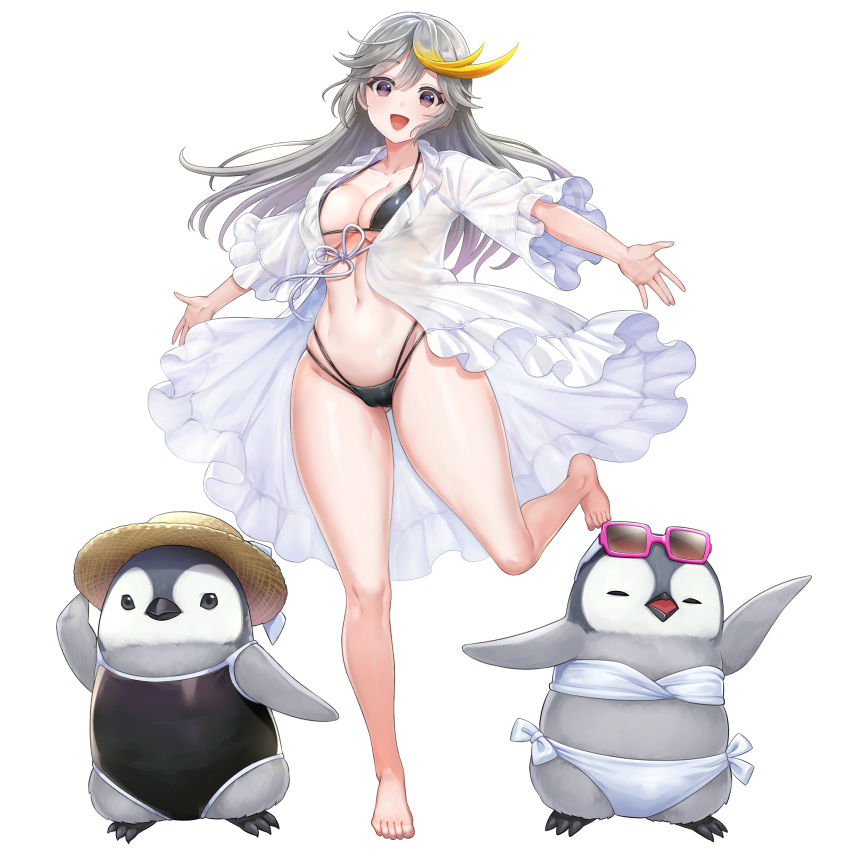 1girl animal artist_request ass_visible_through_thighs barefoot bikini bikini_under_clothes bird black_bikini black_swimsuit blonde_hair breasts cameltoe dress empress_(last_origin) eyewear_on_head frilled_dress frills full_body game_cg grey_hair hat highres large_breasts last_origin leg_up linea_alba long_hair looking_at_viewer micro_bikini multicolored_hair navel official_alternate_costume official_art open_mouth outstretched_arms penguin purple_eyes see-through skindentation smile solo standing standing_on_one_leg straw_hat string_bikini sunglasses swimsuit tachi-e transparent_background white_bikini white_dress