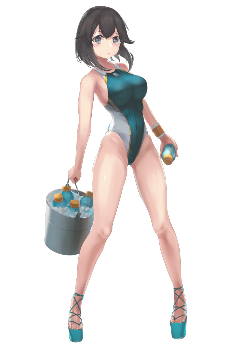 1girl absurdres alternate_costume black_hair bottle breasts bucket commentary_request competition_swimsuit fei_(feikotake) full_body green_swimsuit grey_eyes hayasui_(kancolle) highleg highleg_swimsuit highres holding kantai_collection large_breasts looking_at_viewer one-piece_swimsuit platform_footwear short_hair simple_background solo standing swimsuit toeless_footwear white_background