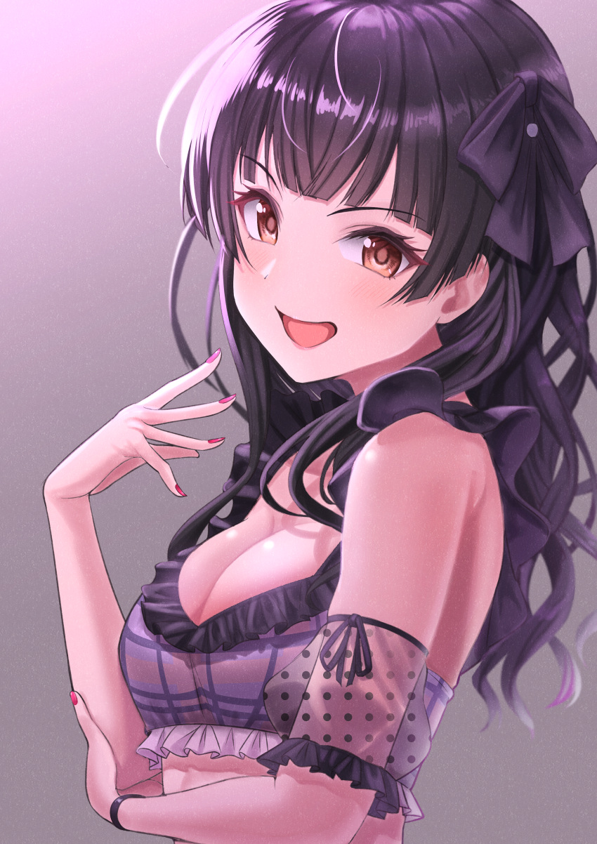 1girl absurdres bangs bare_shoulders bikini black_hair black_ribbon blunt_bangs breasts brown_eyes cleavage commentary frilled_bikini frills from_side gradient gradient_background grey_background hair_ribbon hand_on_own_elbow highres idolmaster idolmaster_shiny_colors long_hair looking_at_viewer mayuzumi_fuyuko nail_polish open_mouth osoba_susurukun pink_nails polka_dot purple_bikini ribbon shiny shiny_hair shiny_skin smile solo swimsuit upper_body wristband