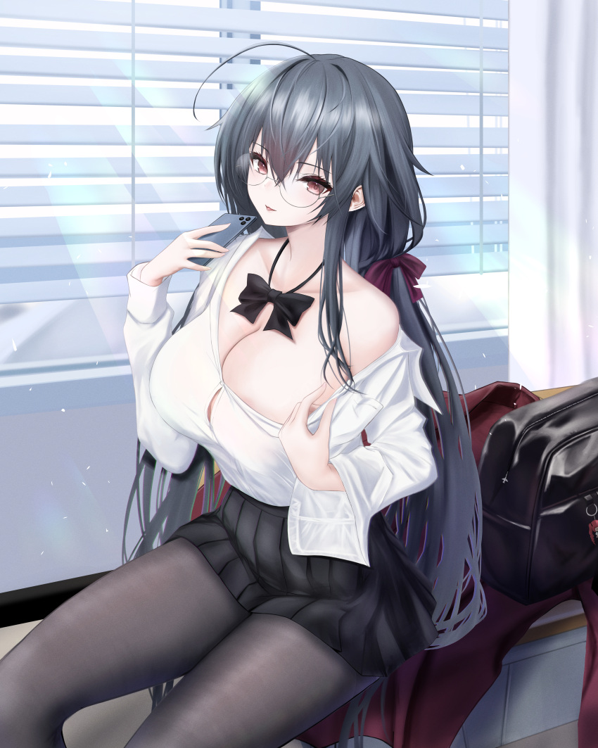1girl absurdres ahoge azur_lane bag bangs black_bag black_bow black_bowtie black_hair black_skirt blinds bow bowtie breasts brown_pantyhose button_gap cellphone classroom cleavage clothes_pull collarbone crossed_bangs day glasses hair_between_eyes hair_bow hands_up highres holding holding_phone huge_ahoge indoors jacket jacket_removed large_breasts long_hair long_sleeves miniskirt noa_(skae3323) off_shoulder official_alternate_costume pantyhose partially_unbuttoned phone pleated_skirt pulled_by_self red_eyes red_ribbon ribbon round_eyewear school_bag school_uniform shirt shirt_pull shirt_tucked_in sidelocks single_bare_shoulder sitting sitting_on_table skirt smartphone solo sunlight taihou_(azur_lane) taihou_(sweet_time_after_school)_(azur_lane) thighs undressing white_shirt