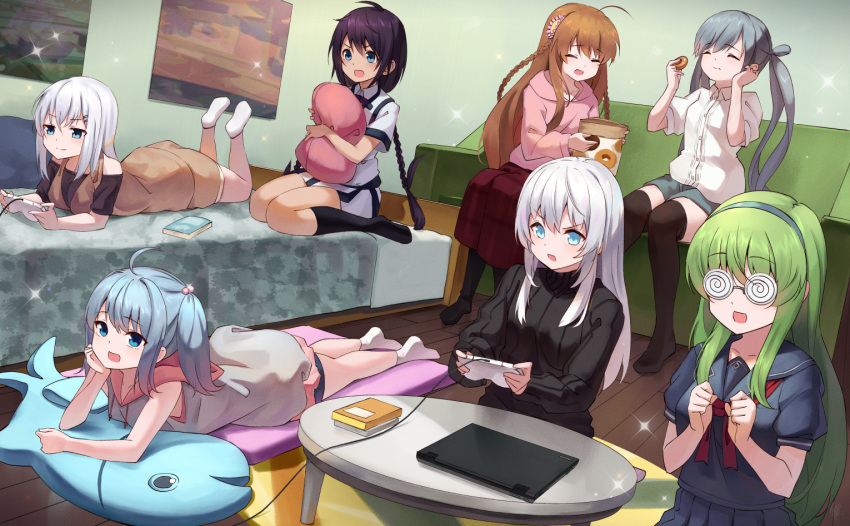 6+girls :o ahoge black_shirt black_socks book braid brown_hair character_request clenched_hand closed_eyes coke-bottle_glasses controller couch doughnut food game_controller glasses green_hair grey_hair grey_hairband grey_shorts hair_bobbles hair_ornament hairband hairclip hood hoodie houjou_ayumi indoors kanbe_kotori kneehighs long_hair lying multiple_girls object_hug on_bed on_floor on_stomach pink_hoodie poster_(object) red_skirt rewrite ryuusei_world_actor shirt short_sleeves shorts sitting skirt socks table tagame_(tagamecat) thighhighs tsujidou-san_no_jun'ai_road turtleneck very_long_hair wariza white_socks