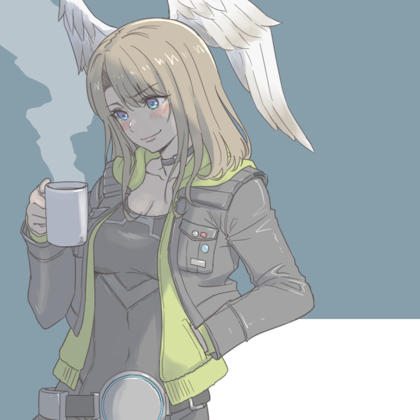 1girl blue_eyes blush breasts brown_hair coffee_mug collar covered_navel cup eunie_(xenoblade) hand_in_pocket head_wings highres hood hooded_jacket jacket medium_breasts mug smile steam xenoblade_chronicles_(series) xenoblade_chronicles_3 yazwo